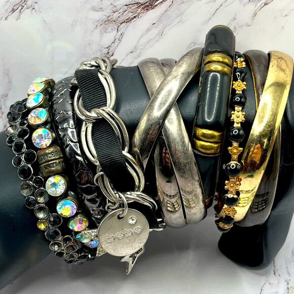 Set of 10 silver and gold tone black bracelets - Picture 2 of 10